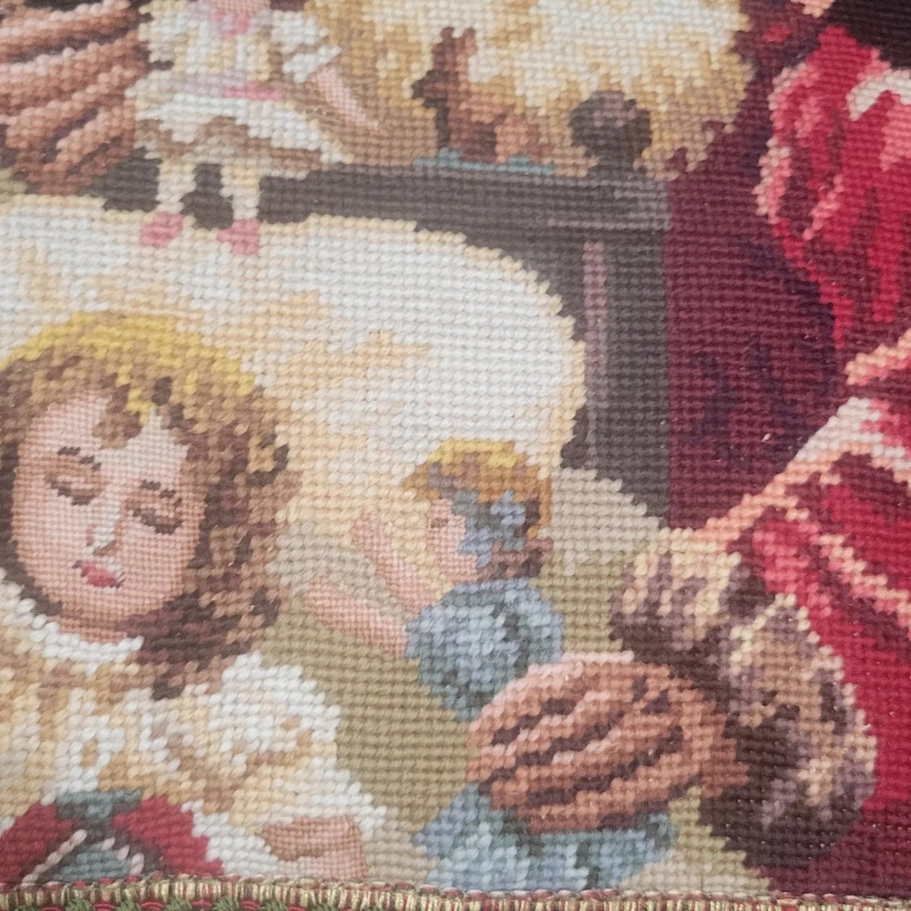 Vintage Santa Claus with Dolls Large needpoint pillow very full velvet backing